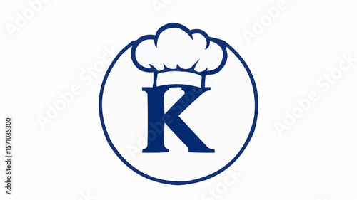 A stylized letter k with a chef's hat inside a circle frame in blue on a white background element