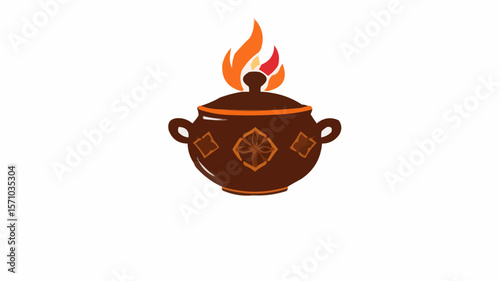 Illustration of a brown cooking pot with a lid and handles and a flame on top on a white background