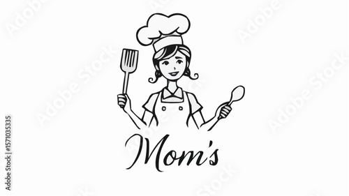 Illustration of a woman in chef hat holding spatula and spoon with mom's text below her