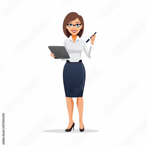 Professional business woman character holding a tablet and pen, ideal for corporate branding and marketing materials showcasing modern business.