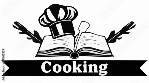 Illustration of a chef's hat on a cookbook with a spatula and cooking banner below the book image