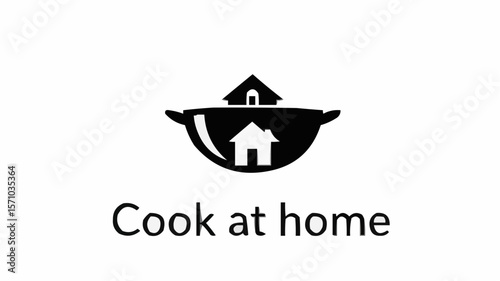 Black and white logo featuring a cooking pot with two house icons inside it, representing home cooking