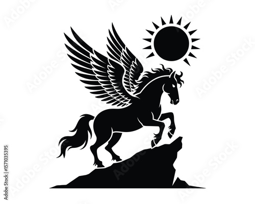 Mythical Pegasus in Bold Tribal Design with Radiant Sun

