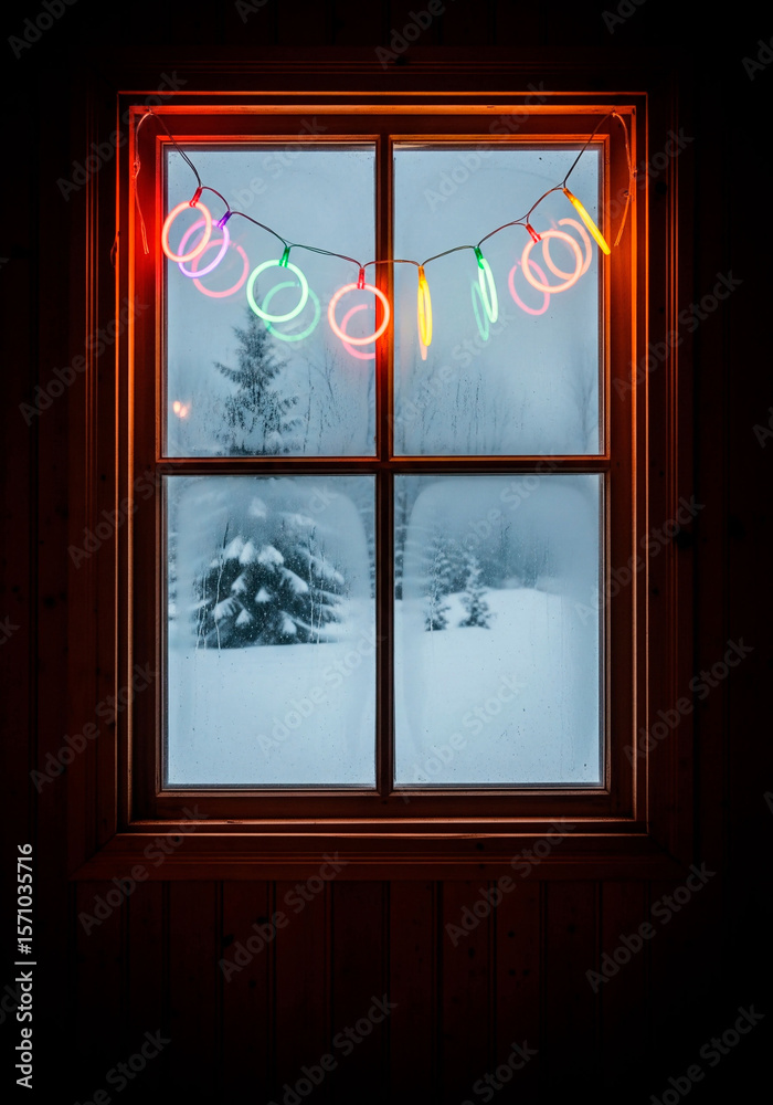 Fototapeta premium Cozy Winter Window with Colorful Neon Ring Lights Overlooking Snowy Forest Landscape Scene