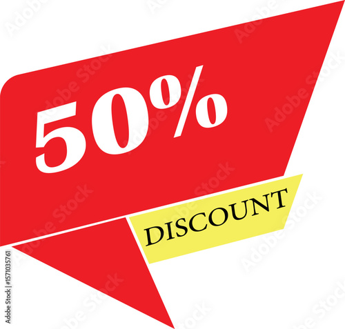 Bold red banner announcing fifty percent discount with yellow label