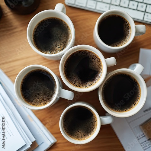 Overhead view of six mugs of black coffee arranged on a wooden desk amidst papers and a keyboard