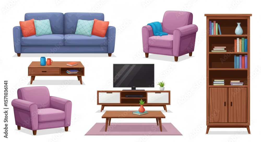 Fototapeta premium Modern Living Room Furniture Set with Sofa, Armchair, Coffee Table, TV Stand and Bookshelf Isolated on White Stock Photo