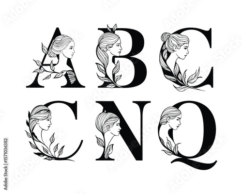 Black and White Botanical Font Design – Women’s Profiles with Flowing Hair in Alphabet Art

