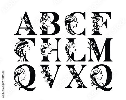 Black and White Botanical Font Design – Women’s Profiles with Flowing Hair in Alphabet Art

