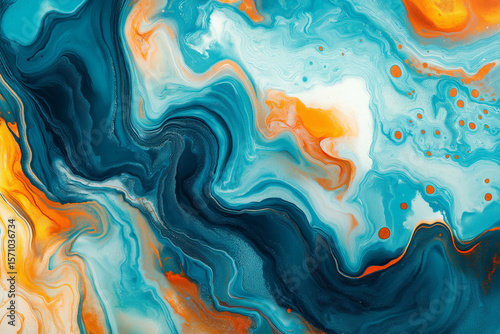 Luxurious marbling abstract background with waves, vibrant geometric patterns, artistic and contemporary on a minimalist background with blue, paint swirls in beautiful teal and orange colors HD