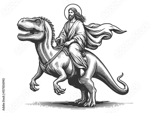 Jesus Christ with halo riding a dinosaur sketch engraving generative ai fictional character vector illustration. Scratch board imitation. Black and white image.