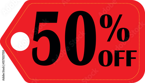 Red sale tag with fifty percent off discount announcement