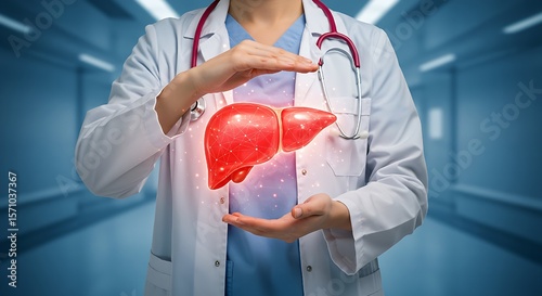 The image of a medical expert presenting a radiant, holographic liver against a blurred hospital background signifies the crucial importance of liver wellness, the development of sustainable healthcar