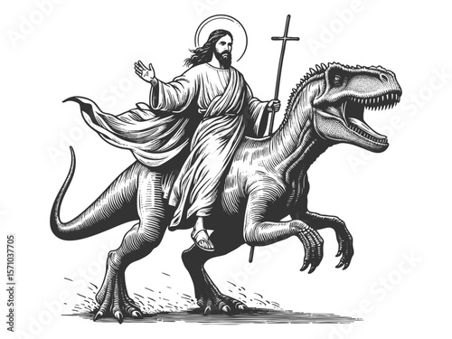 Jesus Christ with halo riding a dinosaur sketch engraving generative ai fictional character vector illustration. Scratch board imitation. Black and white image.