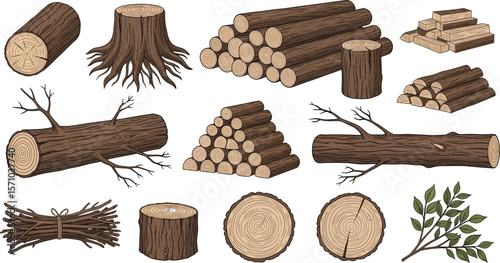 Collection of wood logs stumps and branches illustration artwork