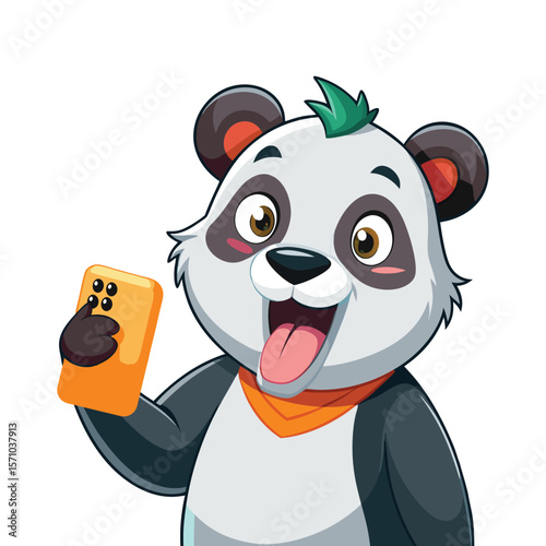 Cute Panda Taking Selfie with Funny Exaggerated Duck Face Expression, Cartoon Vector Art, Playful Animal Character, Social Media Pose, Humorous Wildlife Illustration