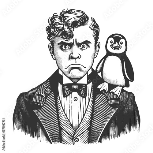 Victorian gentleman in a top hat holding a surprised penguin sketch engraving generative ai fictional character vector illustration. Scratch board imitation. Black and white image.