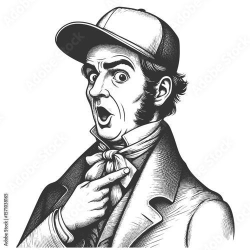  cheerful man in a suit and baseball cap pointing at his bow tie with a surprised expression sketch engraving generative ai fictional character vector illustration. Scratch board. Black and white.