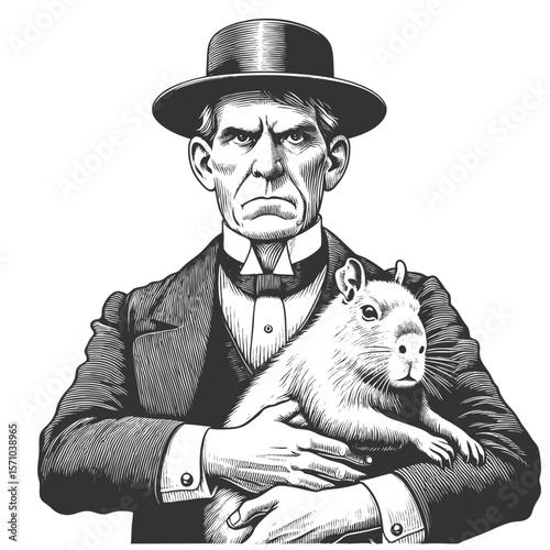 man in a tuxedo holding a calm capybara sketch engraving generative ai fictional character vector illustration. Scratch board imitation. Black and white image.