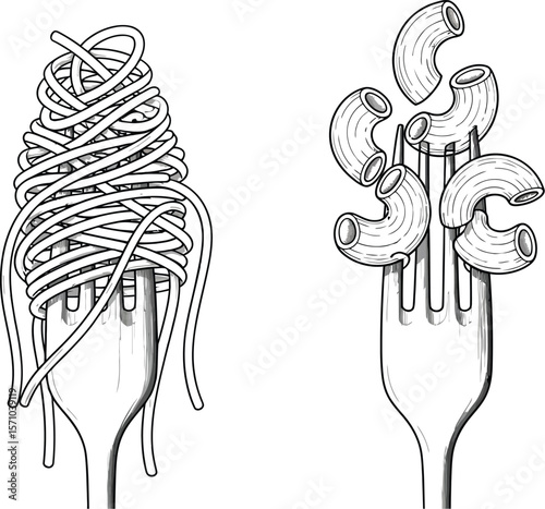Spaghetti and macaroni on forks illustration pasta italian food design art