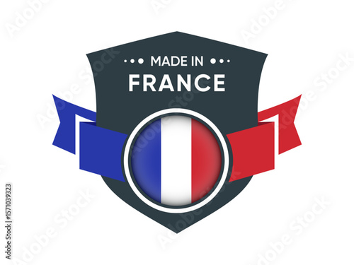 Made in France Product Badge with Tricolor Ribbon and National Flag Icon