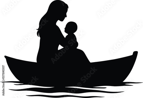 Silhouette of Mother and Baby in a Boat on Calm Water