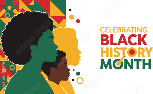 Celebrating black history month with diverse faces and geometric art