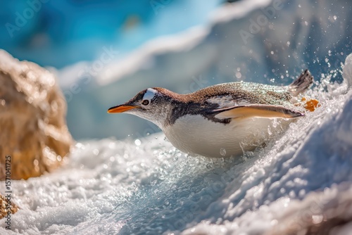 penguin sliding on belly down icy slope