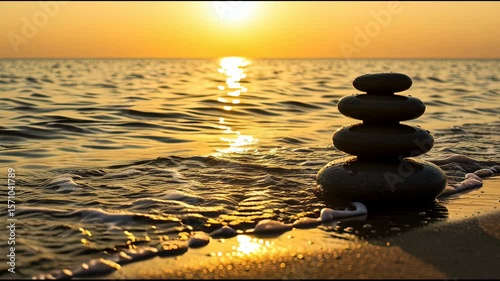 Stacked spa stones on sandy beach at sunset with ocean waves  