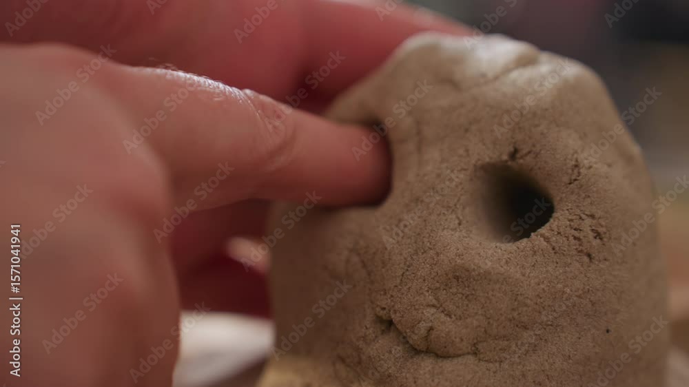 Healing companion gently presses soft mold surface to shape eye of octopus figure during therapy activity, with blurred presence of seated figure in blue gown suggesting supportive session setting