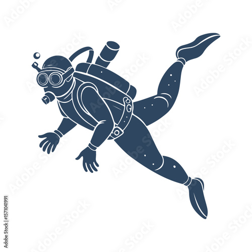 Silhouette of Scuba Diver Swimming Underwater. Vector Illustration of Diver with Oxygen Tank, Mask, and Diving Gear Isolated on White Background