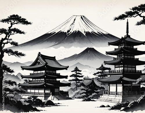 Fuji mountain in sumi-e style. Peaceful Japan ink landscape. Pagoda and Fuji in ink drawing. Japan vintage ink landscape. Sumi-e Fuji with ancient temples