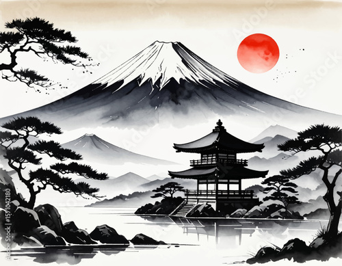 Mt. Fuji with red sun and pagoda. Japanese art of Fuji sunrise. Zen Fuji mountain red sun view. Traditional Fuji with pagoda. Japan ink style sunset Fuji
