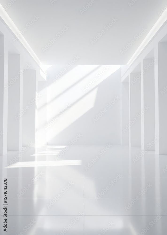 Fototapeta premium White empty room with bright lights reflecting on floor Empty room interior design architecture blank design room