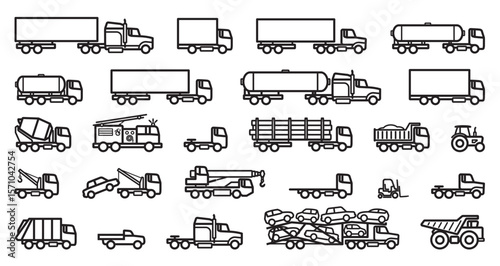 various simple truck outline line silhouette set side view icon symbol vector on transparent background