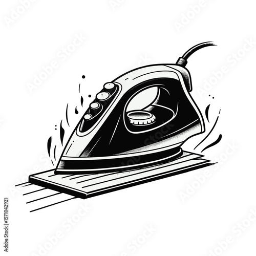 Electric iron hovering on fabric surface in black and white on transparent background 