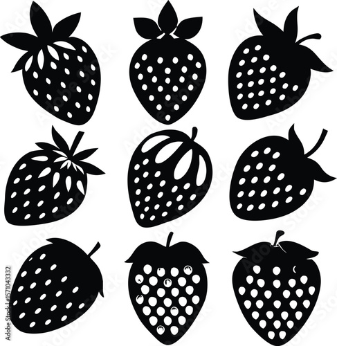 Collection of nine stylized black strawberry silhouettes with white seeds and green leaves isolated on transparent background silhouette