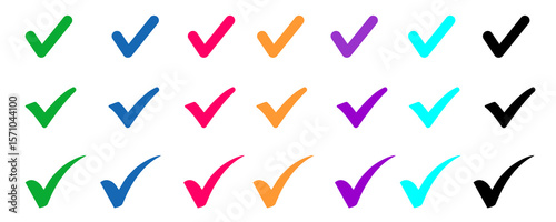 Collection of Colorful Check Marks and Tick Icons for Approval and Completion. White background with PNG transparent format.