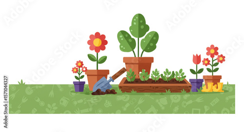 gardening tools and flowers