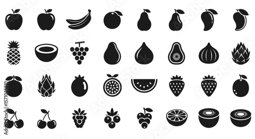 Fresh Fruits and Healthy Food Solid Icon Set