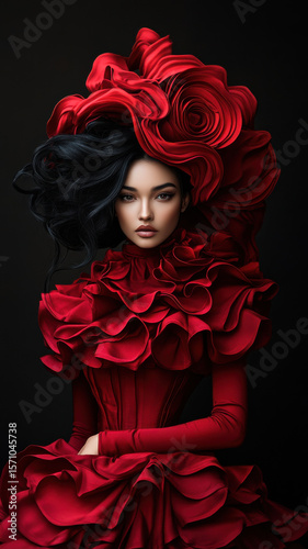 Woman in a sculptural crimson dress with a dramatic train, exuding power and grace