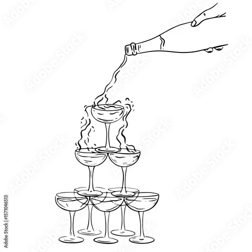 Hand drawn whimsical champagne tower. Holiday alcoholic drinks in trendy vintage style for wedding invitations, menus and parties. Ink doodle elegant coquette style. Vector minimalist illustration