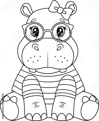 Hippo with glasses coloring page for kids and adults printable free image