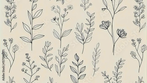 Modern minimal floral background with line art botanical elements in muted tones.