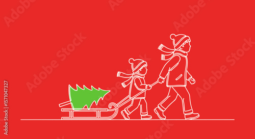 Children pulling a sled with a Christmas tree on a red background
