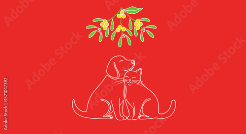Cute dog and cat under mistletoe on a red background
