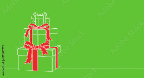 Colorful gift boxes with red ribbons on a green background