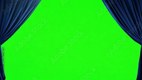 Opening the Stage: A lush, theatrical blue curtain reveals a vibrant green screen backdrop, perfect for creative content.  An invitation to boundless imagination
