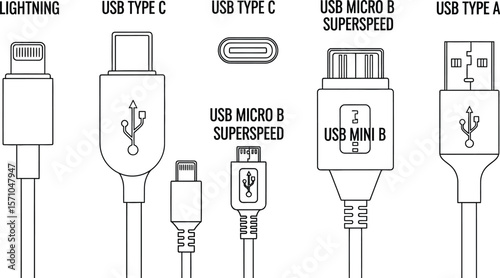Illustration of various usb connector types in a line up format