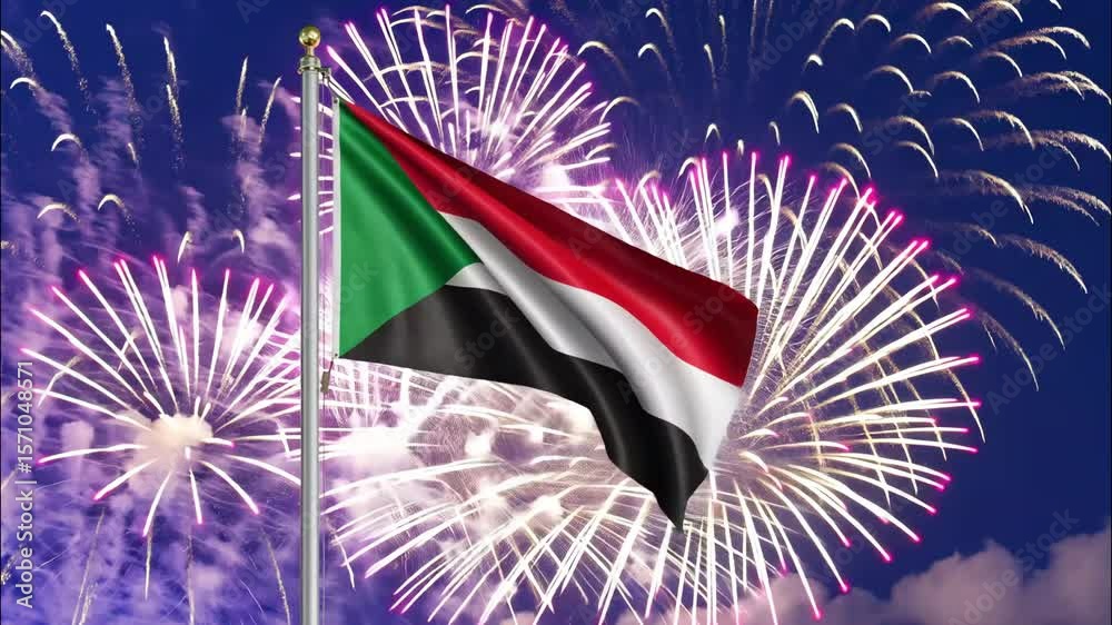 National flag independence state Sudan, background fireworks. AI Generative